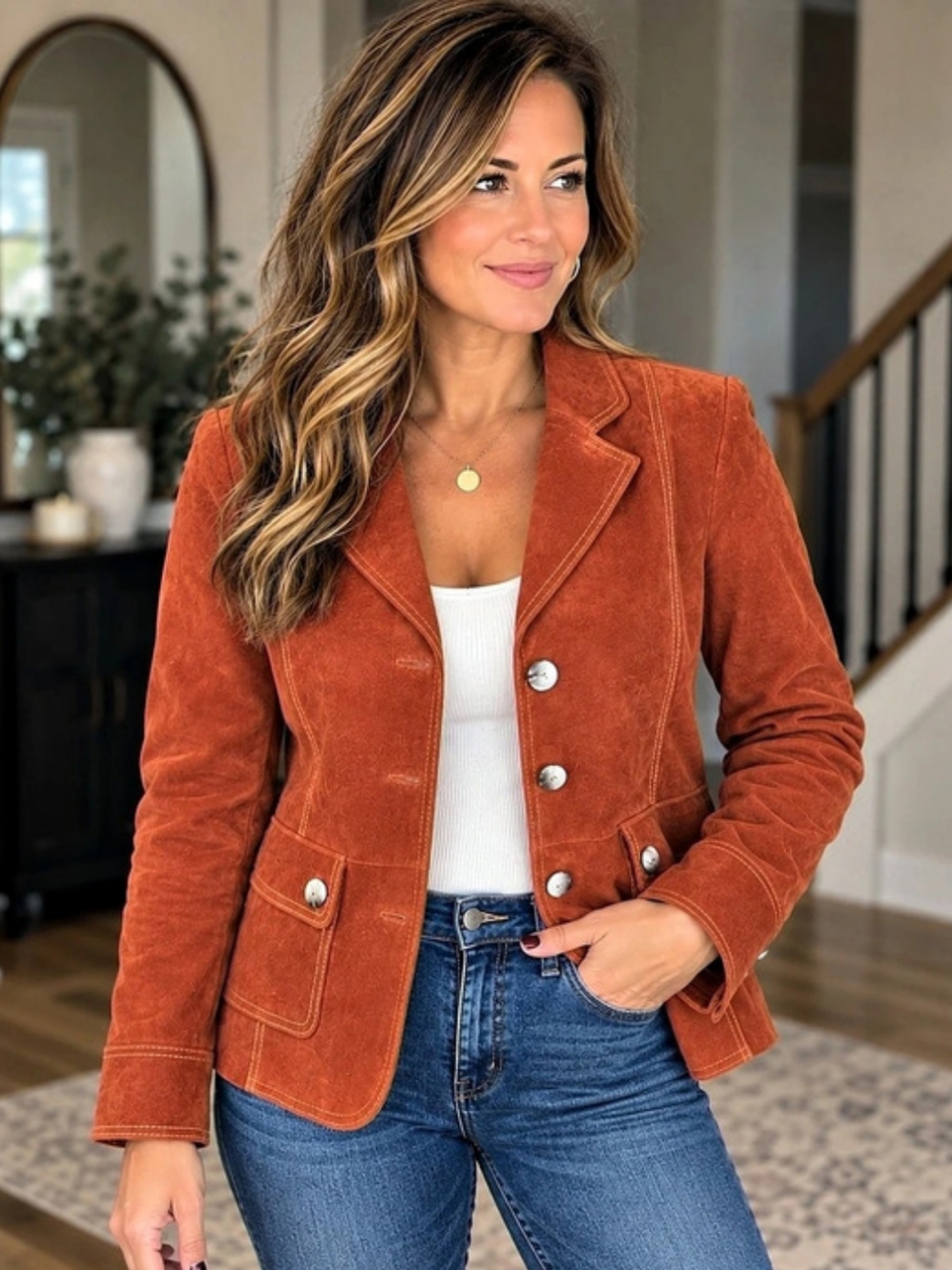 B Collection Genuine Leather Suede Blazer Jacket Burnt Orange XL